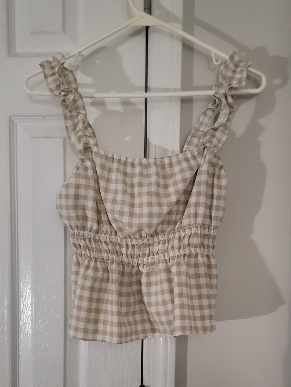 Divided Beige and White Gingham Ruffle-Strap Tank
